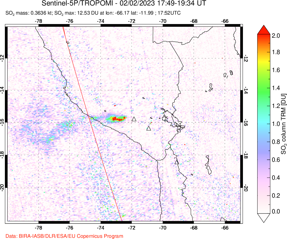 A sulfur dioxide image over Peru on Feb 02, 2023.