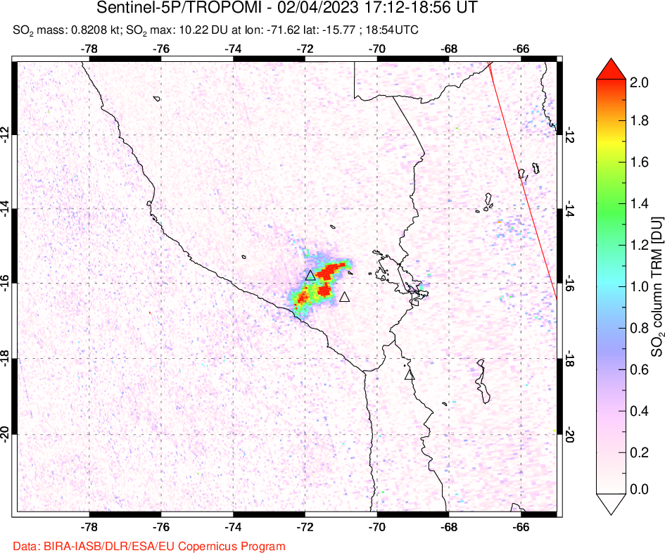 A sulfur dioxide image over Peru on Feb 04, 2023.