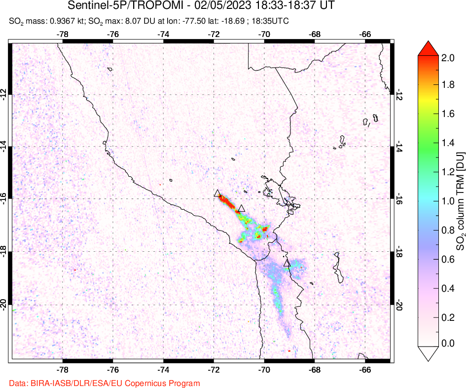 A sulfur dioxide image over Peru on Feb 05, 2023.