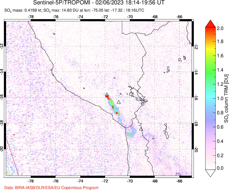 A sulfur dioxide image over Peru on Feb 06, 2023.