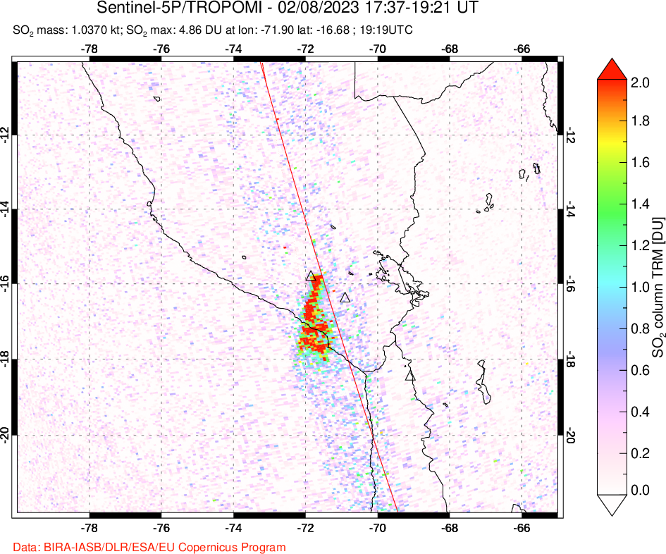 A sulfur dioxide image over Peru on Feb 08, 2023.