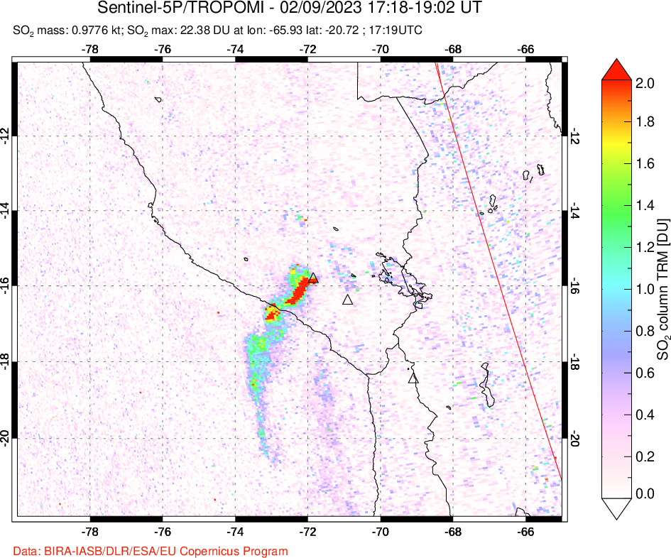 A sulfur dioxide image over Peru on Feb 09, 2023.