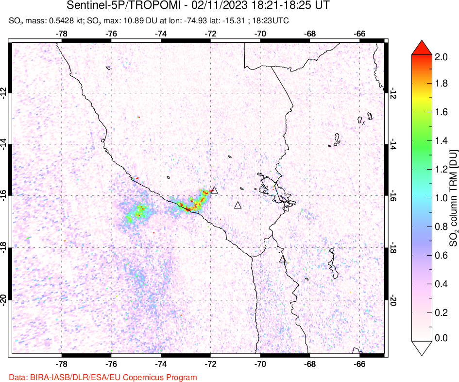 A sulfur dioxide image over Peru on Feb 11, 2023.