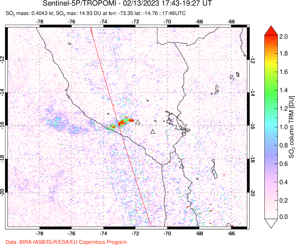 A sulfur dioxide image over Peru on Feb 13, 2023.