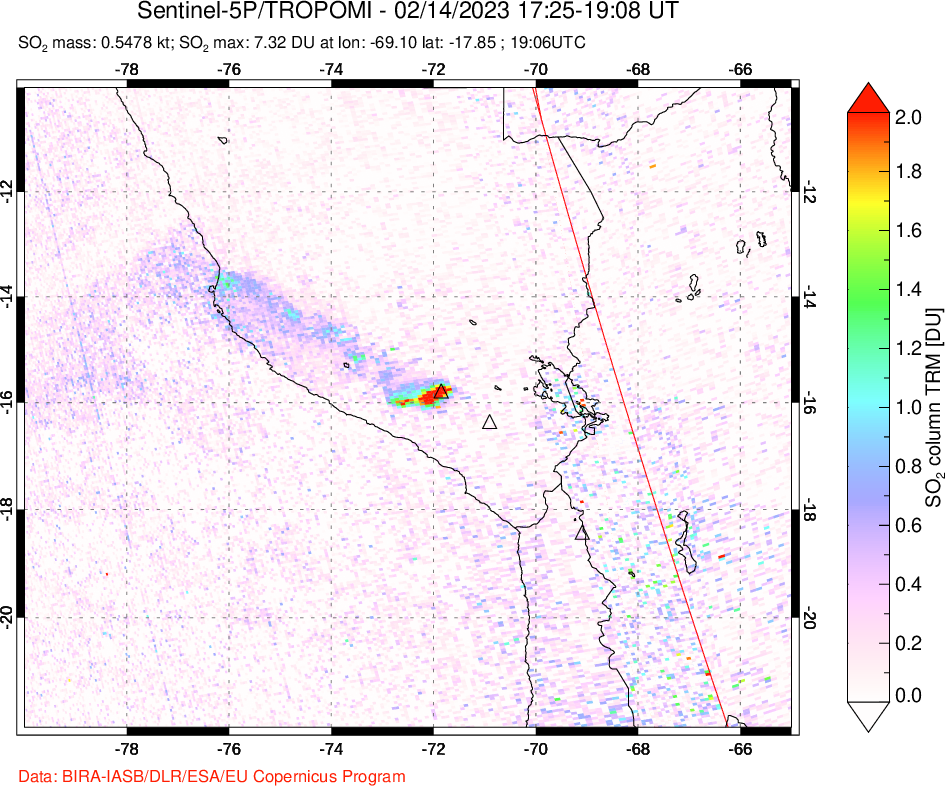 A sulfur dioxide image over Peru on Feb 14, 2023.