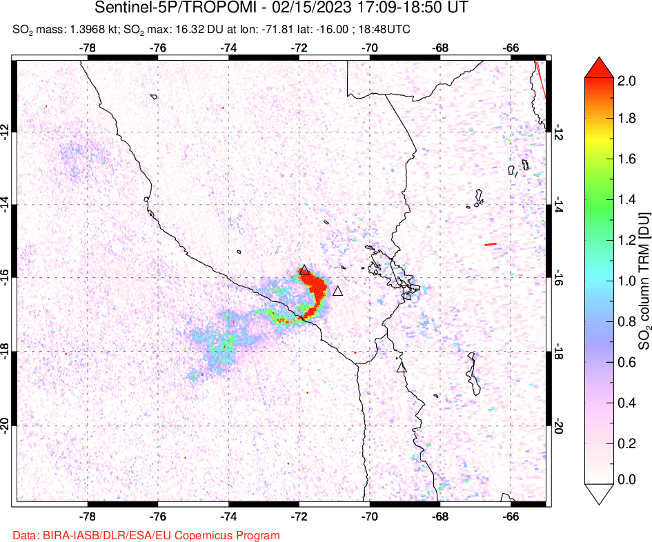A sulfur dioxide image over Peru on Feb 15, 2023.