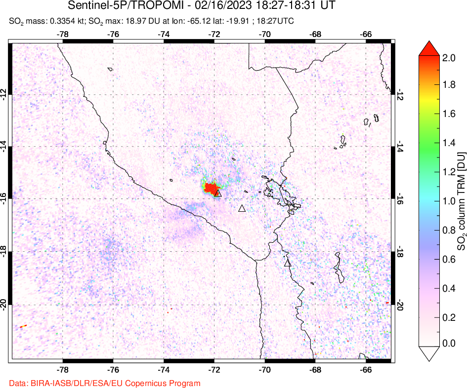 A sulfur dioxide image over Peru on Feb 16, 2023.