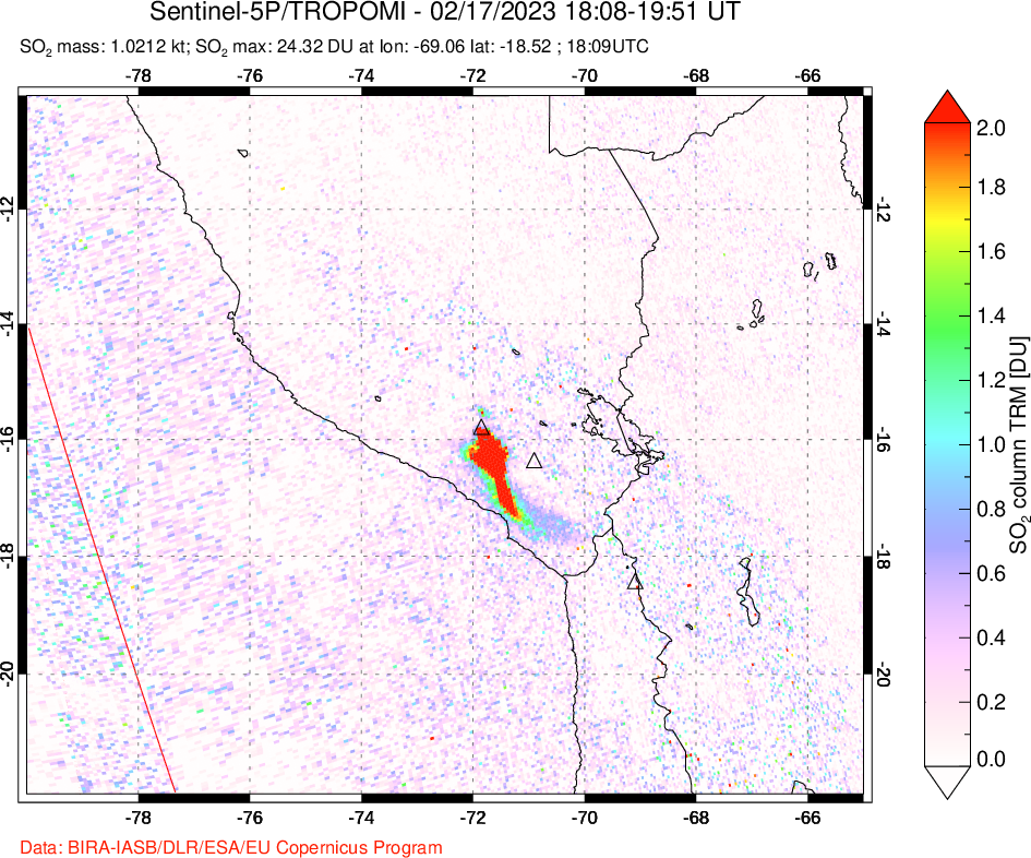 A sulfur dioxide image over Peru on Feb 17, 2023.