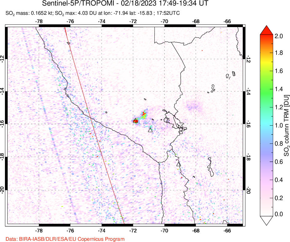 A sulfur dioxide image over Peru on Feb 18, 2023.
