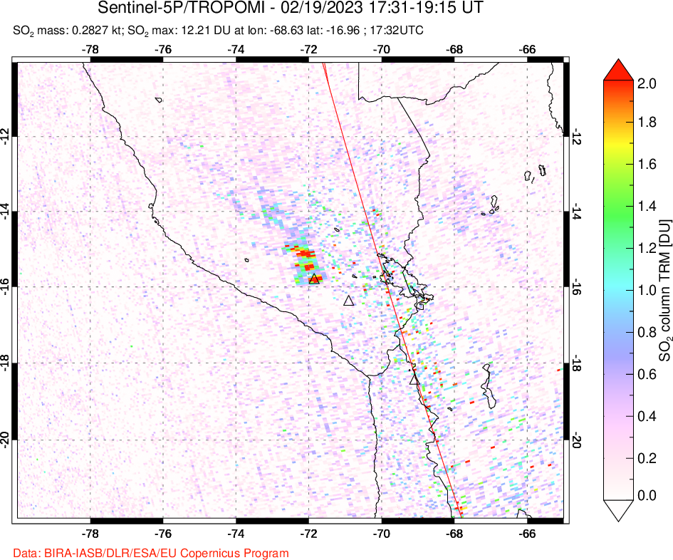 A sulfur dioxide image over Peru on Feb 19, 2023.