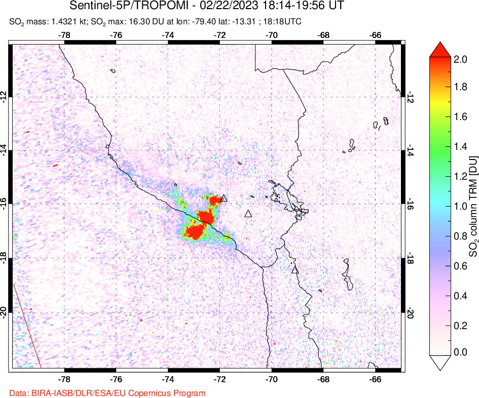 A sulfur dioxide image over Peru on Feb 22, 2023.