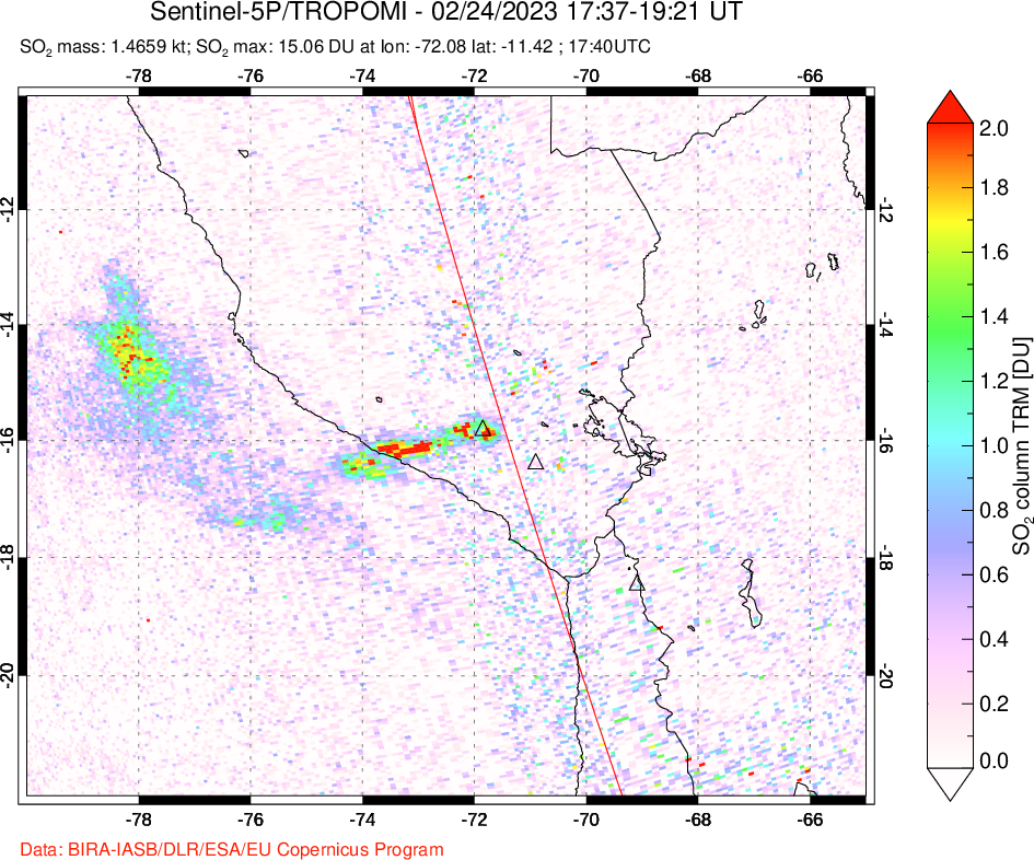 A sulfur dioxide image over Peru on Feb 24, 2023.