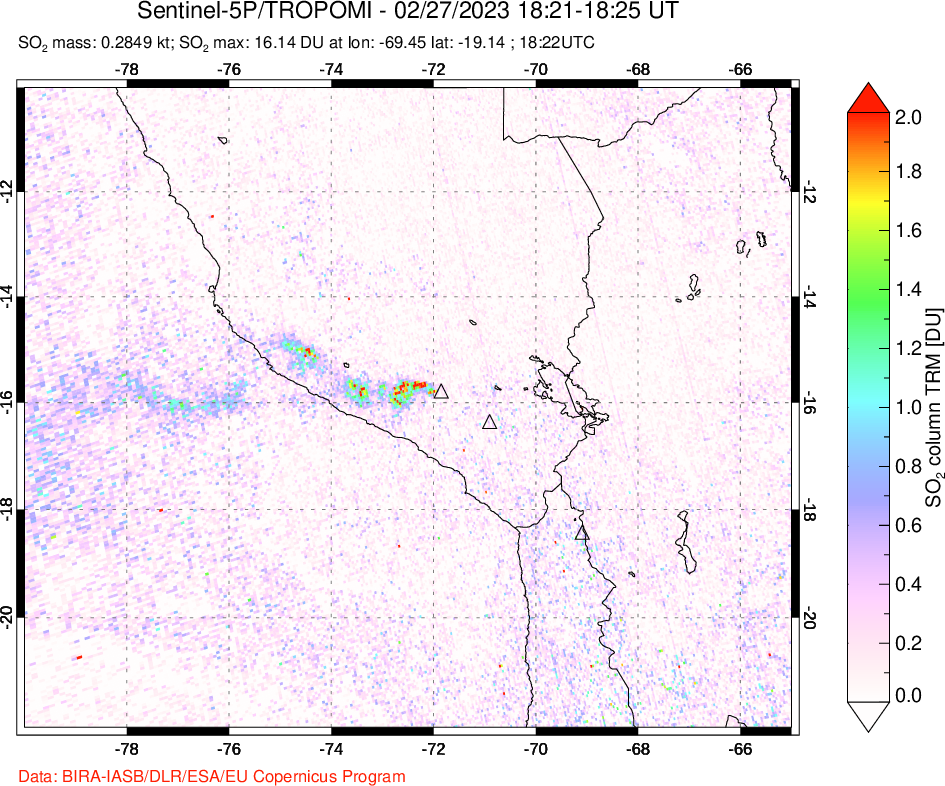 A sulfur dioxide image over Peru on Feb 27, 2023.