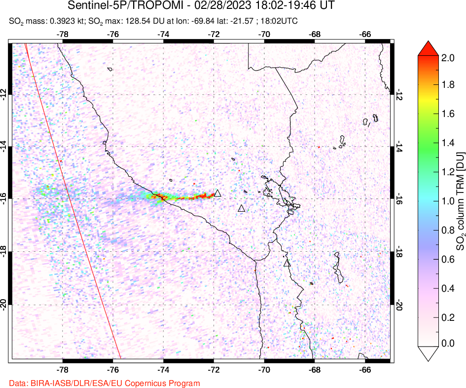 A sulfur dioxide image over Peru on Feb 28, 2023.
