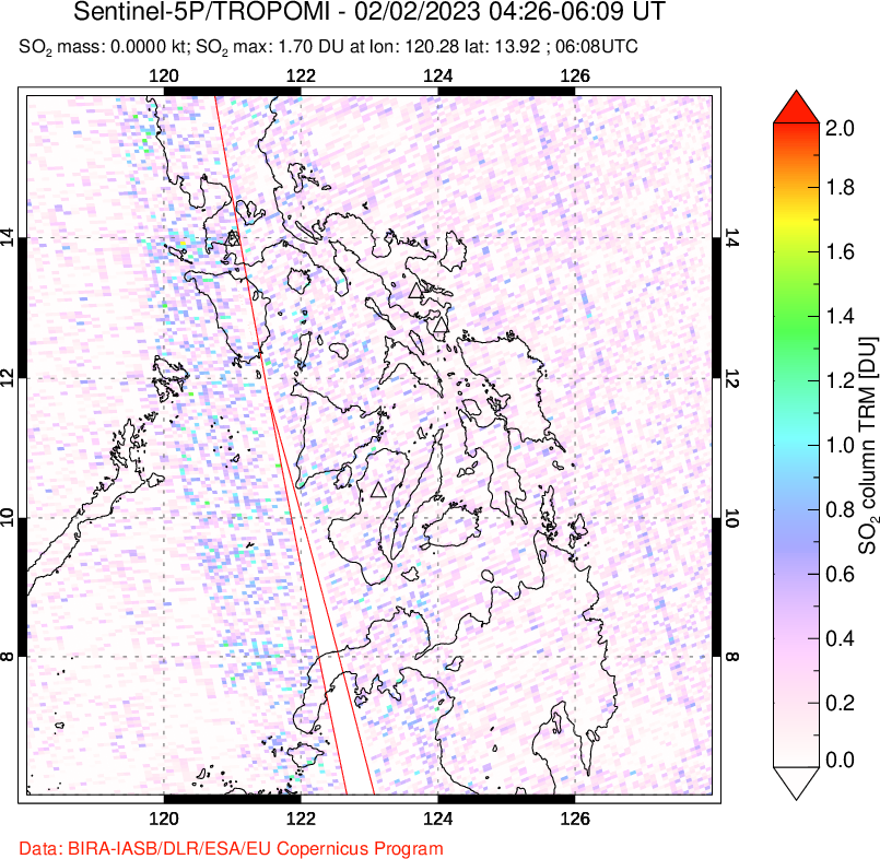 A sulfur dioxide image over Philippines on Feb 02, 2023.