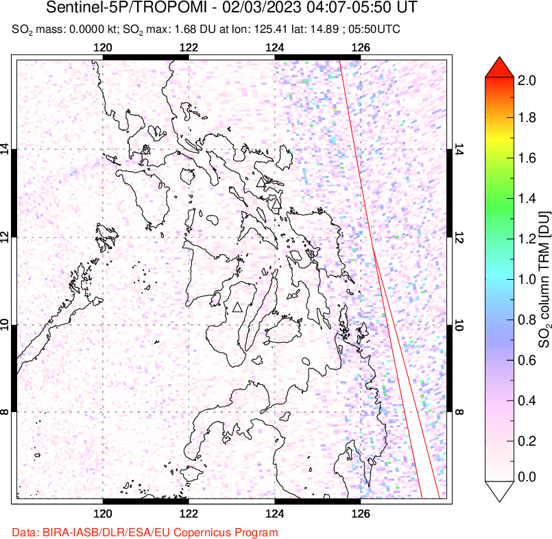 A sulfur dioxide image over Philippines on Feb 03, 2023.
