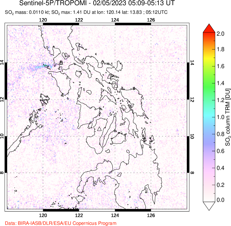 A sulfur dioxide image over Philippines on Feb 05, 2023.
