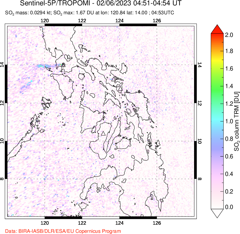 A sulfur dioxide image over Philippines on Feb 06, 2023.