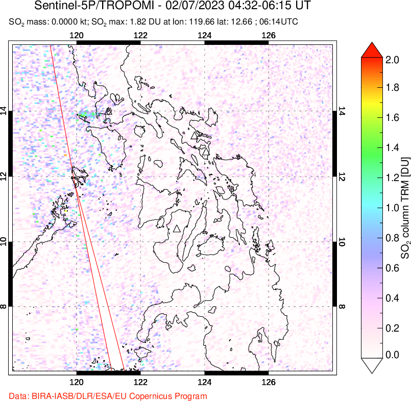A sulfur dioxide image over Philippines on Feb 07, 2023.