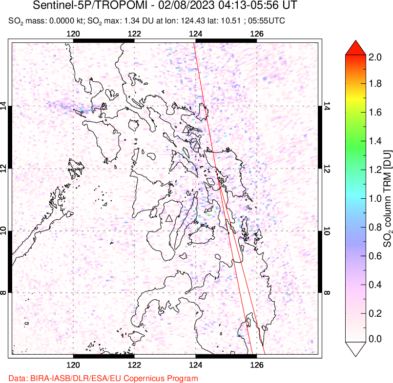 A sulfur dioxide image over Philippines on Feb 08, 2023.