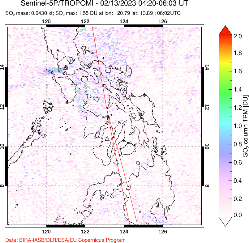 A sulfur dioxide image over Philippines on Feb 13, 2023.