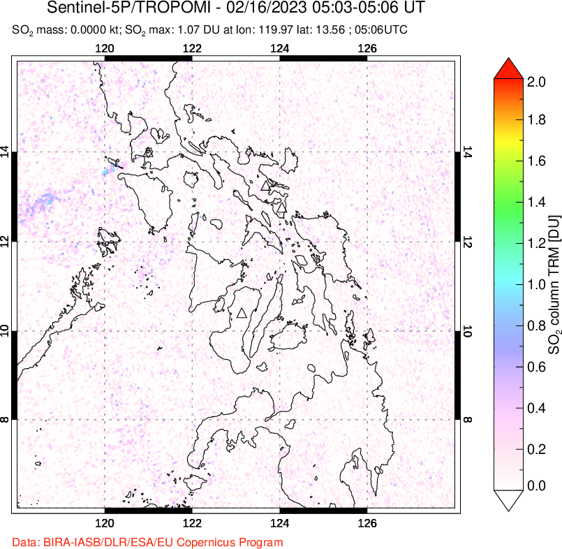 A sulfur dioxide image over Philippines on Feb 16, 2023.