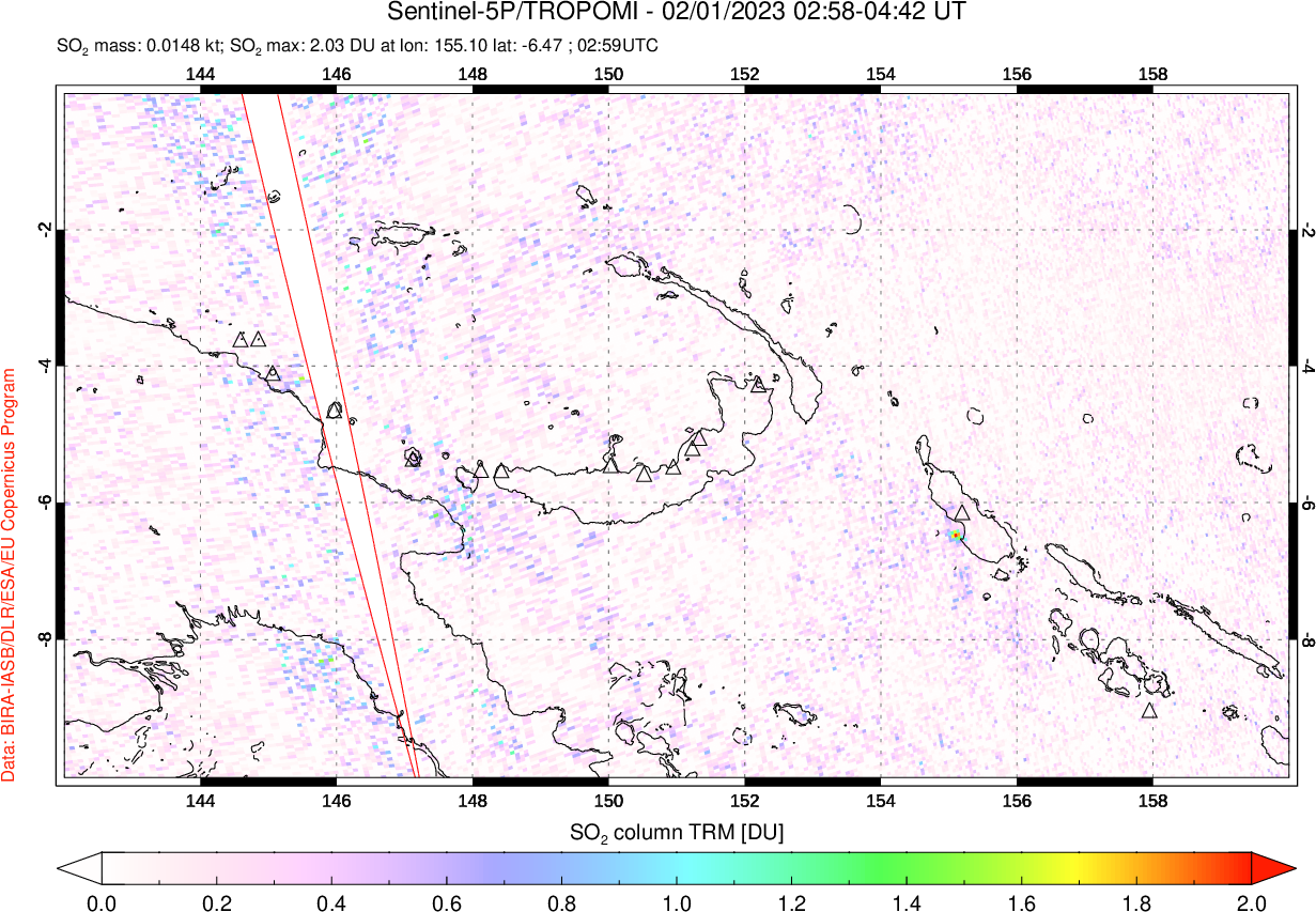 A sulfur dioxide image over Papua, New Guinea on Feb 01, 2023.