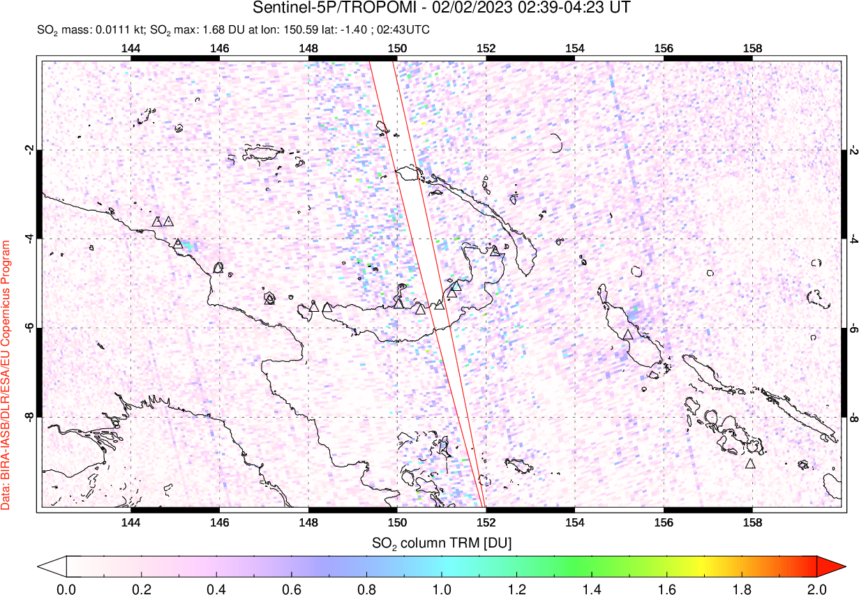 A sulfur dioxide image over Papua, New Guinea on Feb 02, 2023.