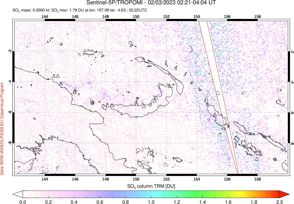 A sulfur dioxide image over Papua, New Guinea on Feb 03, 2023.