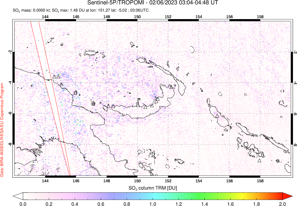 A sulfur dioxide image over Papua, New Guinea on Feb 06, 2023.