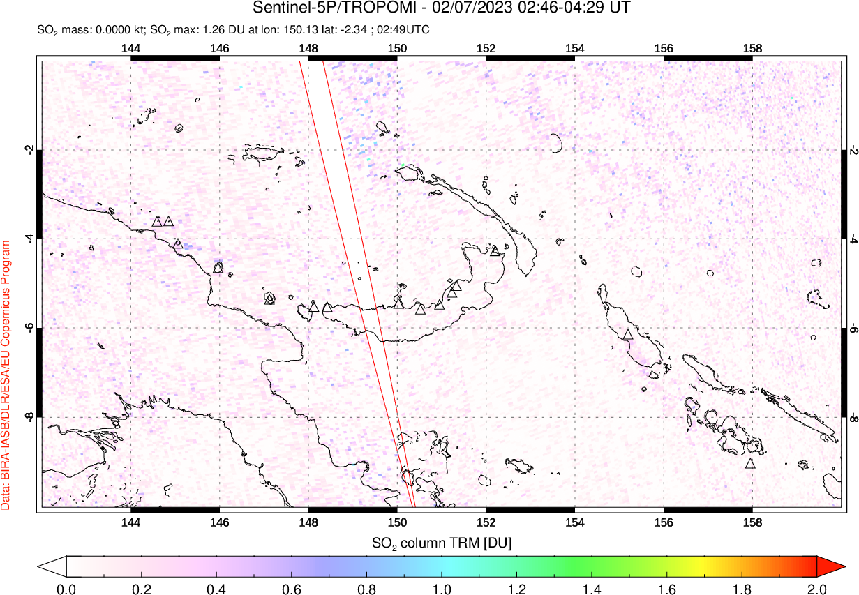 A sulfur dioxide image over Papua, New Guinea on Feb 07, 2023.