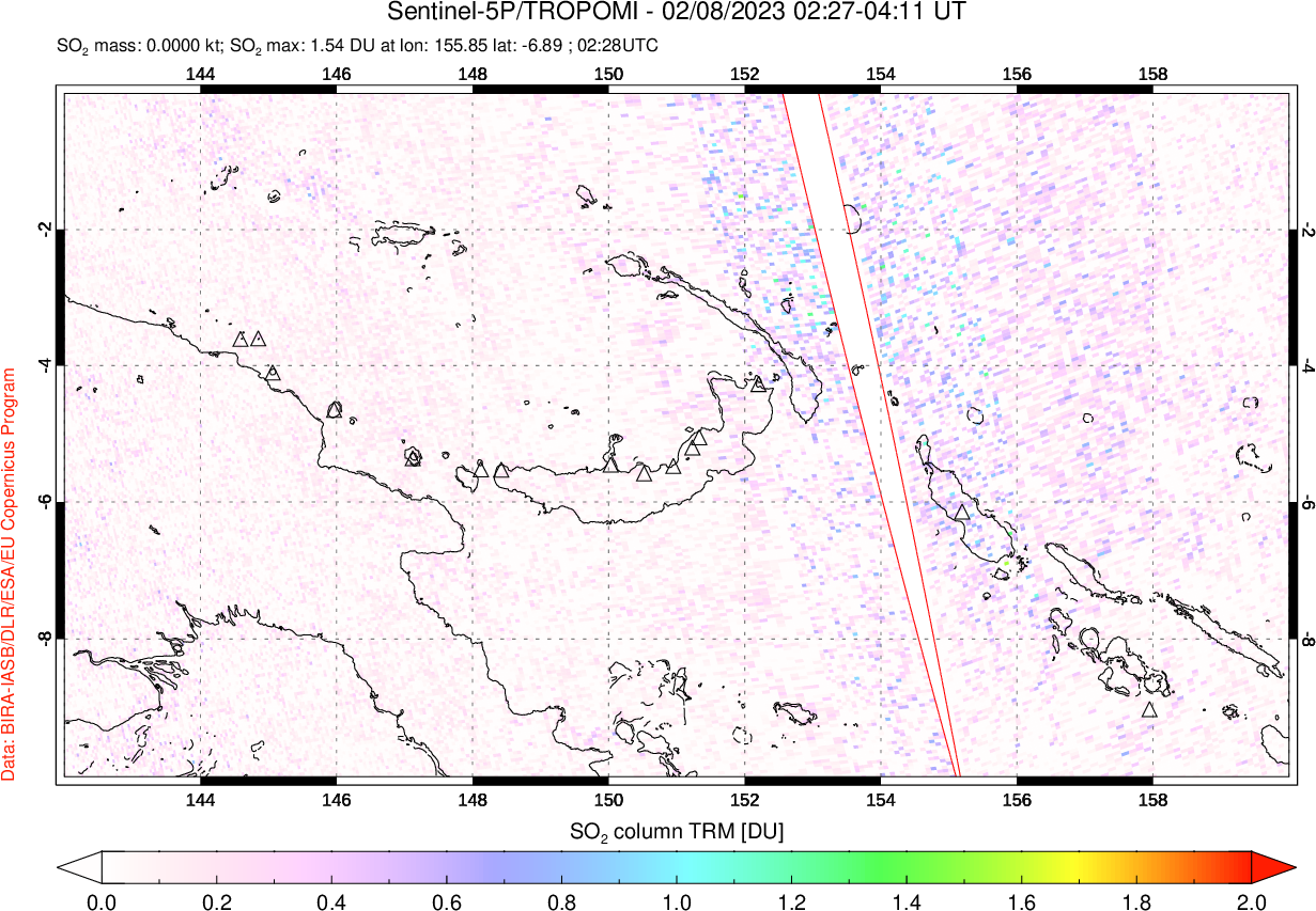 A sulfur dioxide image over Papua, New Guinea on Feb 08, 2023.