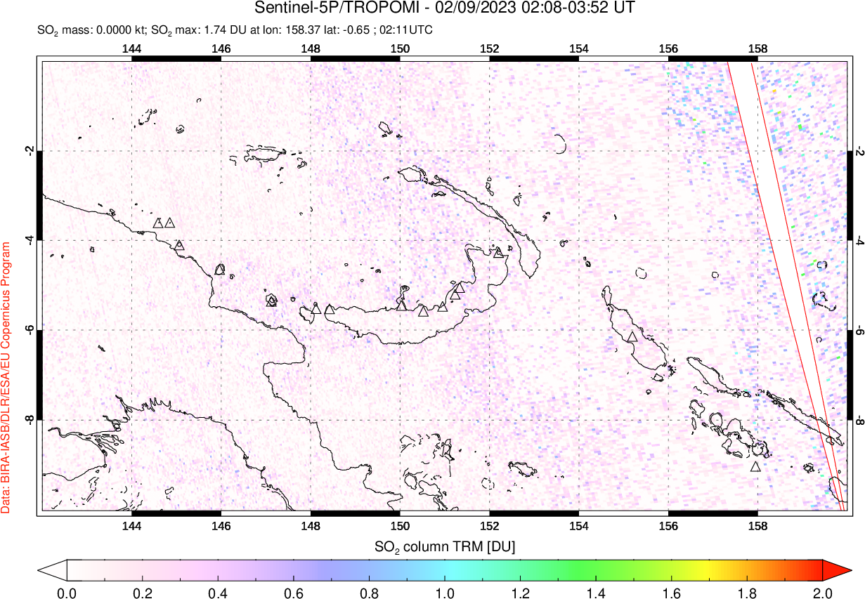 A sulfur dioxide image over Papua, New Guinea on Feb 09, 2023.