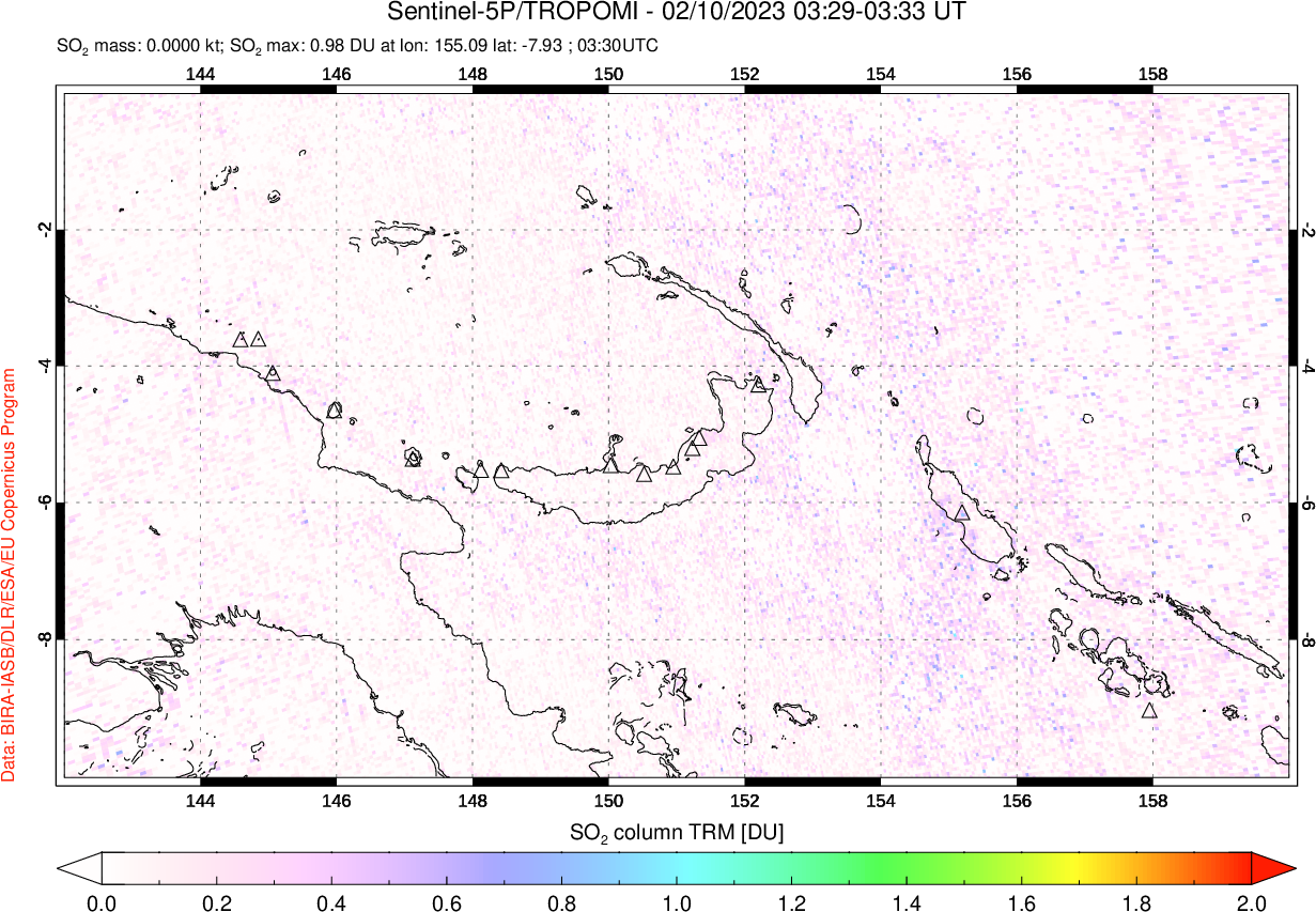 A sulfur dioxide image over Papua, New Guinea on Feb 10, 2023.