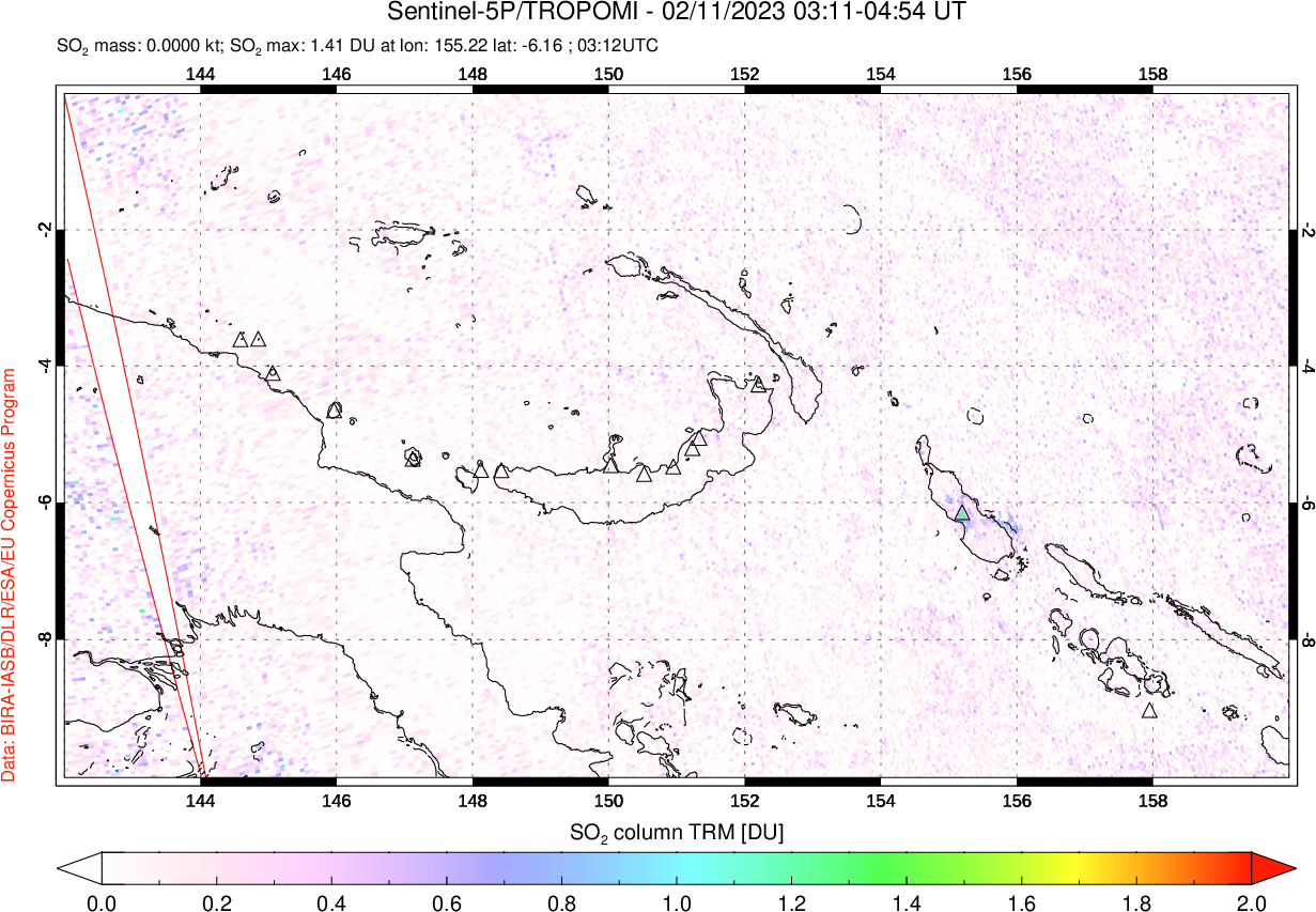 A sulfur dioxide image over Papua, New Guinea on Feb 11, 2023.