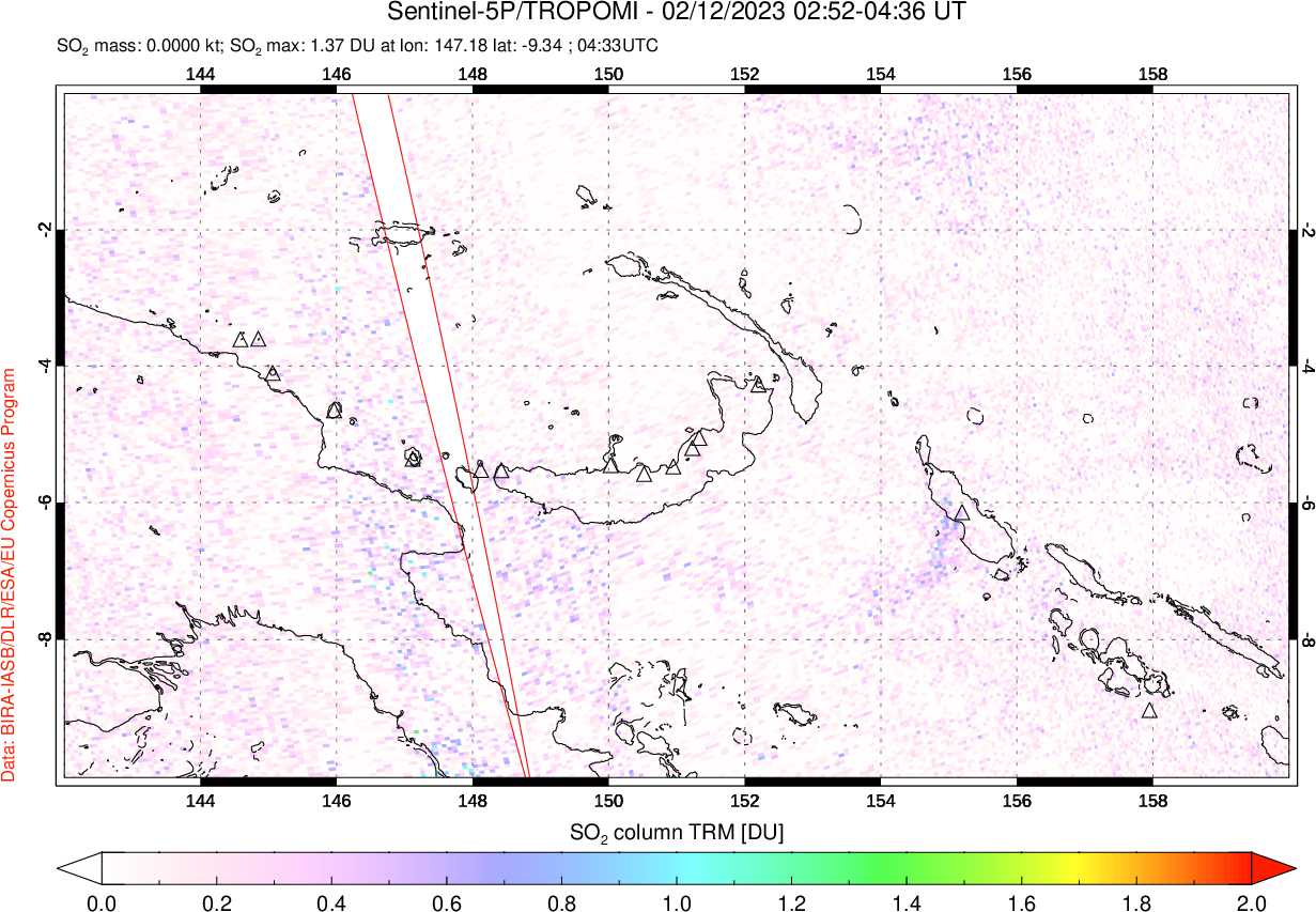 A sulfur dioxide image over Papua, New Guinea on Feb 12, 2023.