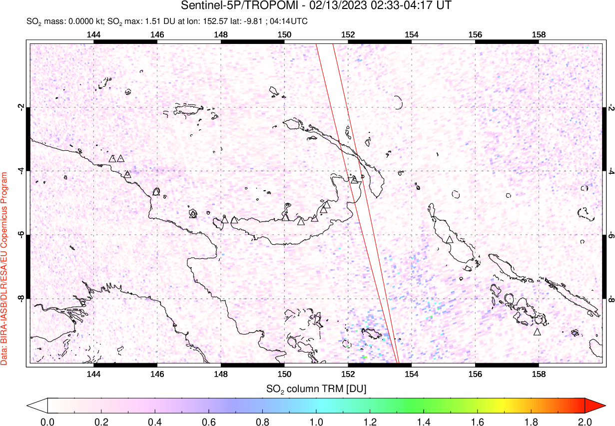 A sulfur dioxide image over Papua, New Guinea on Feb 13, 2023.