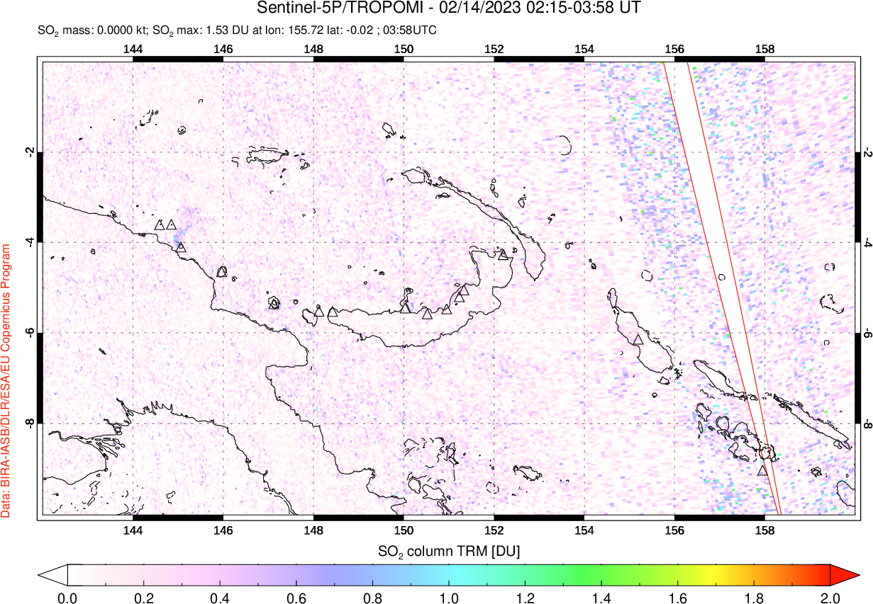A sulfur dioxide image over Papua, New Guinea on Feb 14, 2023.