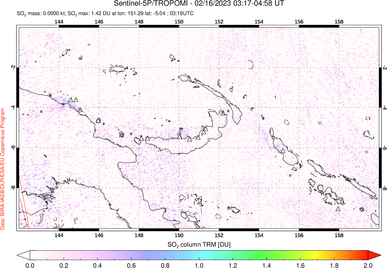 A sulfur dioxide image over Papua, New Guinea on Feb 16, 2023.