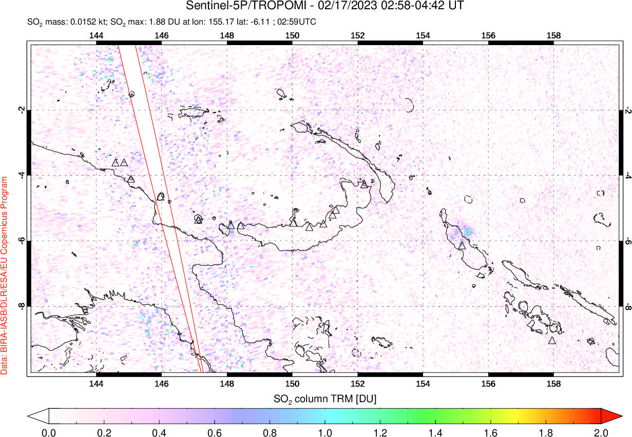 A sulfur dioxide image over Papua, New Guinea on Feb 17, 2023.