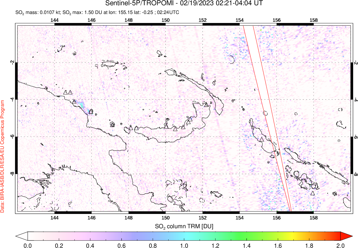 A sulfur dioxide image over Papua, New Guinea on Feb 19, 2023.