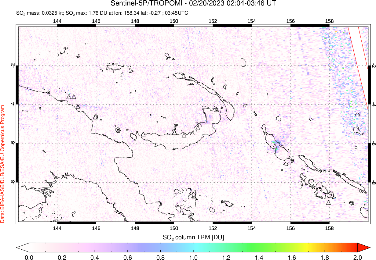 A sulfur dioxide image over Papua, New Guinea on Feb 20, 2023.