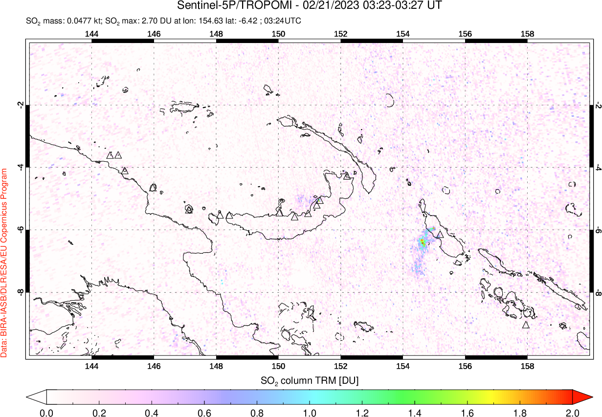 A sulfur dioxide image over Papua, New Guinea on Feb 21, 2023.