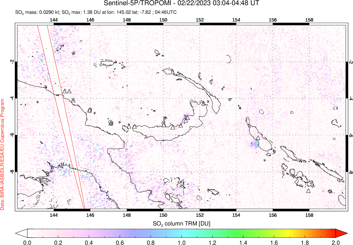 A sulfur dioxide image over Papua, New Guinea on Feb 22, 2023.