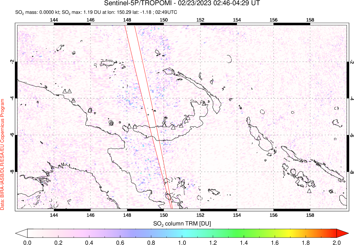 A sulfur dioxide image over Papua, New Guinea on Feb 23, 2023.