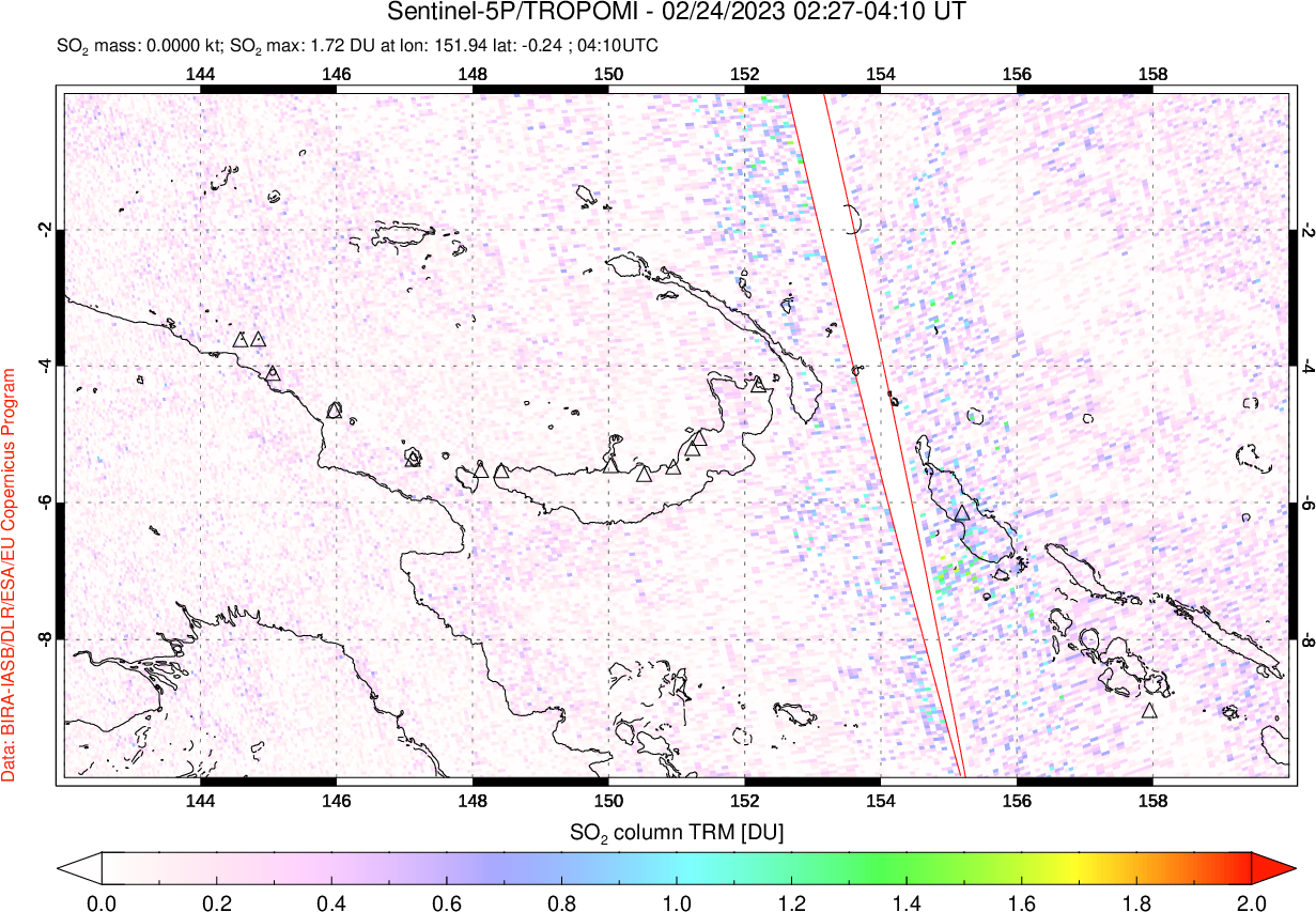 A sulfur dioxide image over Papua, New Guinea on Feb 24, 2023.