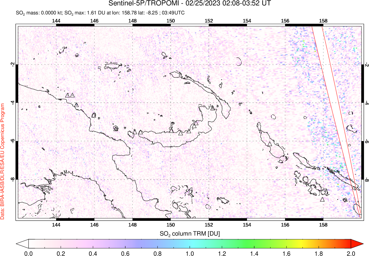 A sulfur dioxide image over Papua, New Guinea on Feb 25, 2023.