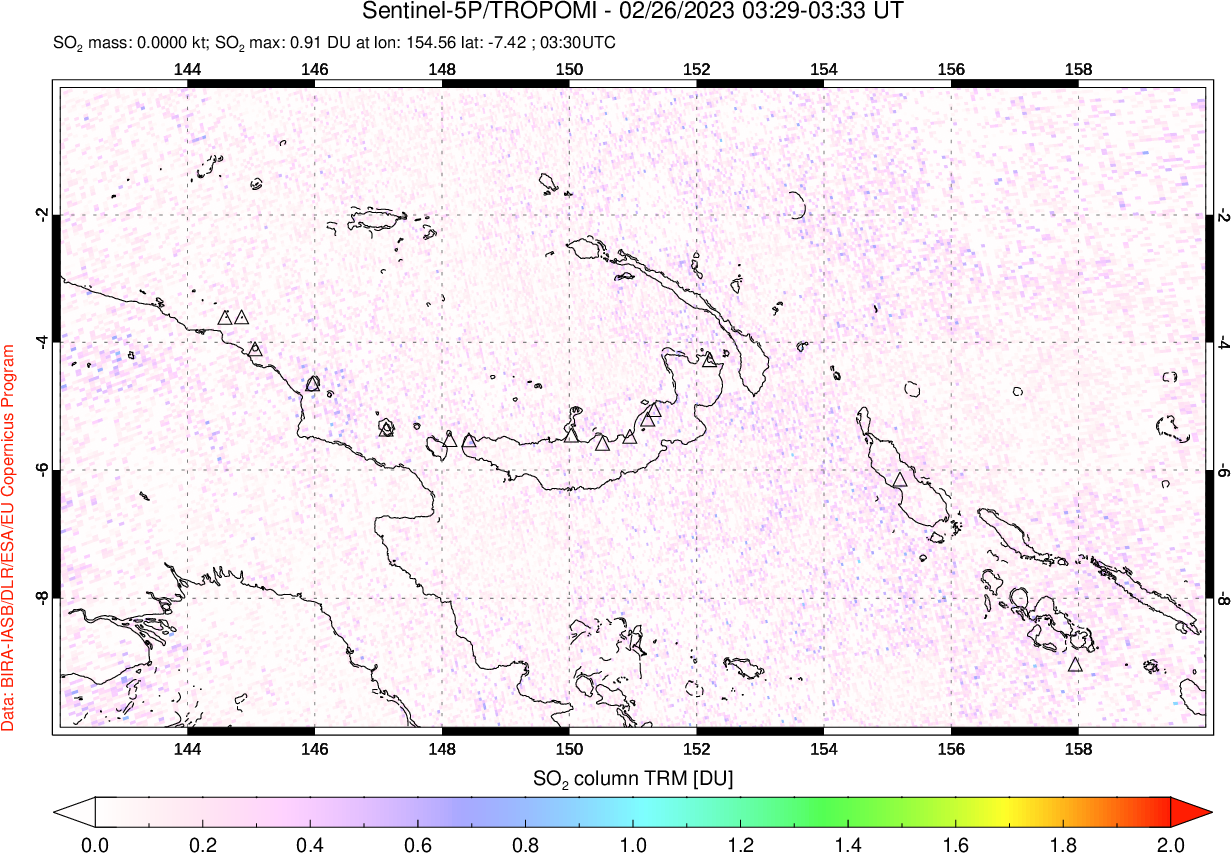 A sulfur dioxide image over Papua, New Guinea on Feb 26, 2023.