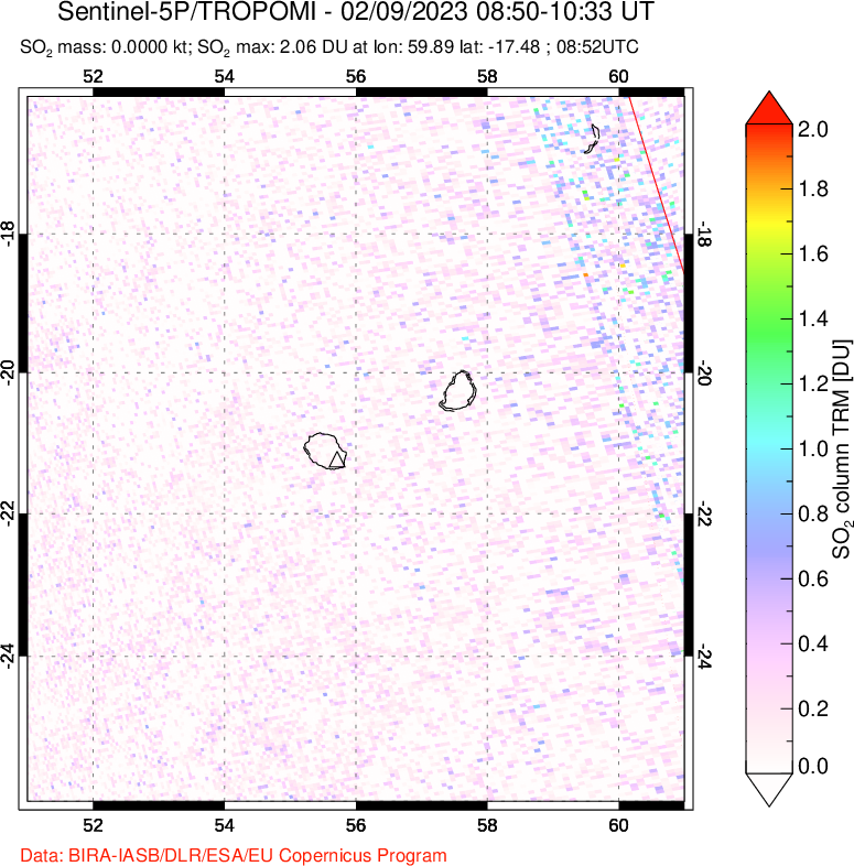 A sulfur dioxide image over Reunion Island, Indian Ocean on Feb 09, 2023.
