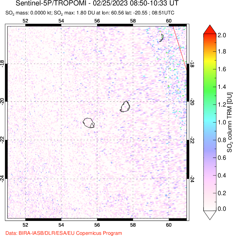 A sulfur dioxide image over Reunion Island, Indian Ocean on Feb 25, 2023.
